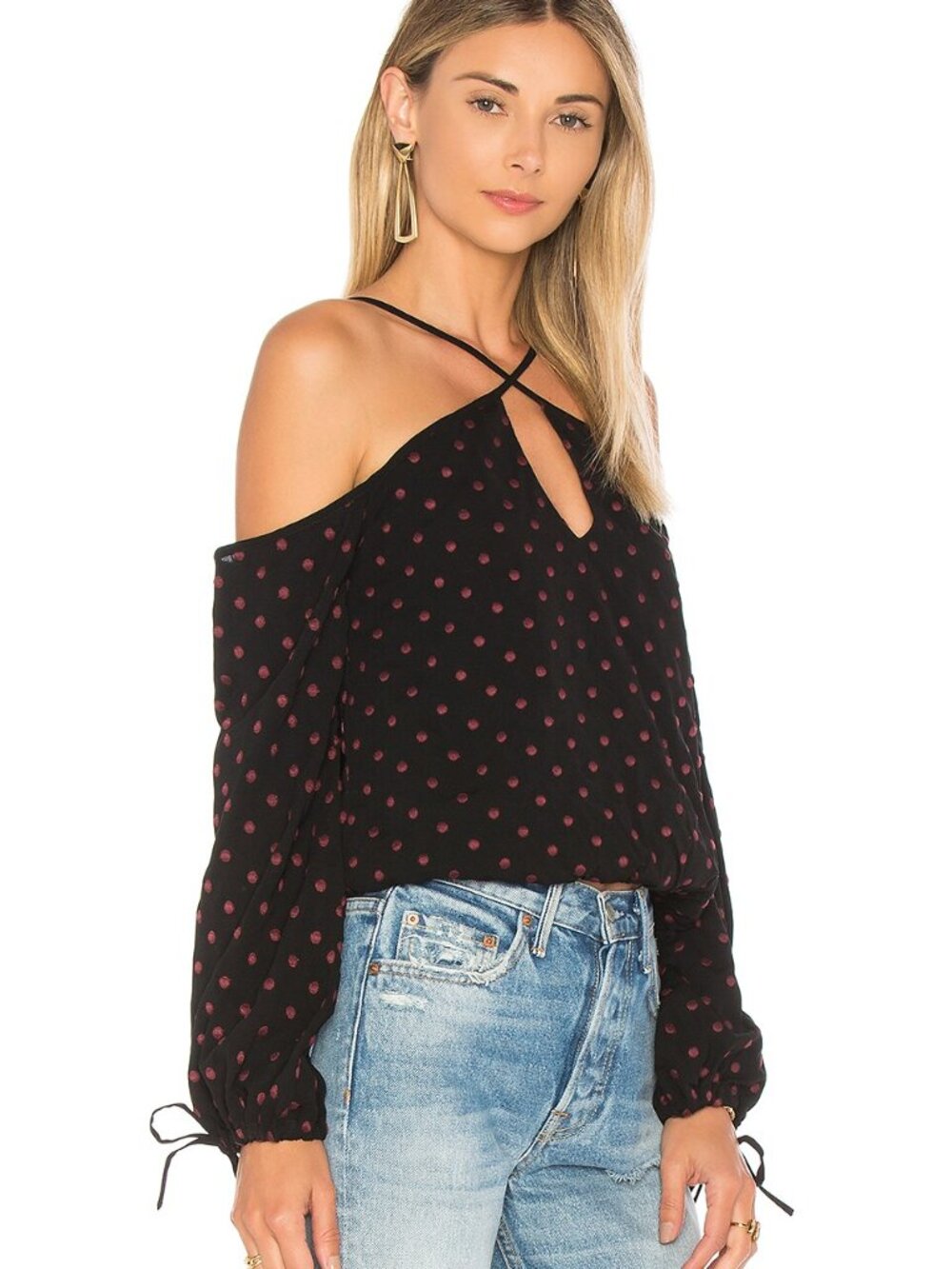 Lovers + Friens Womens Black Cold-Shoulder V-Neck Top Dusty Rose Dots Size S